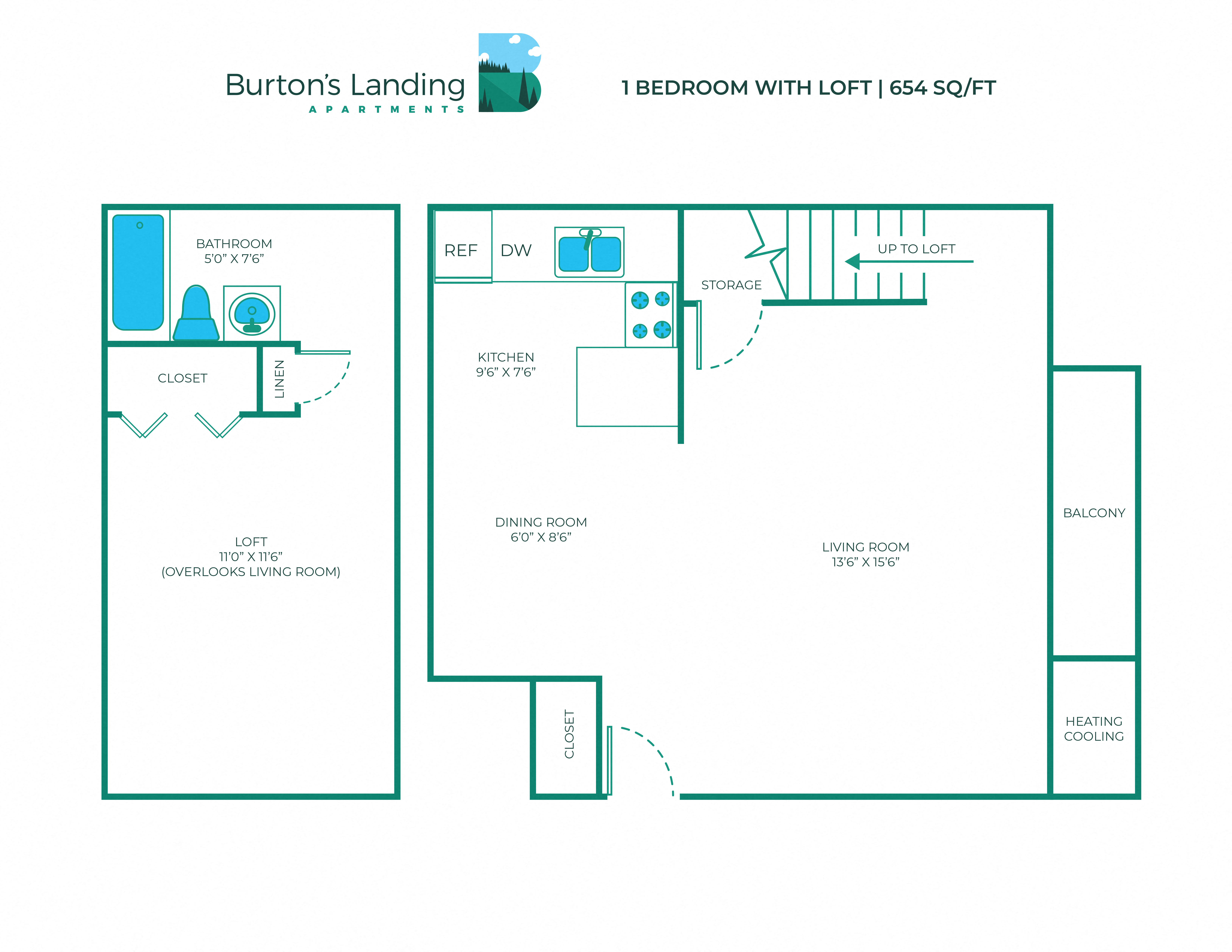 Floor plan for 1 bed, 1 bath, 654 sqft